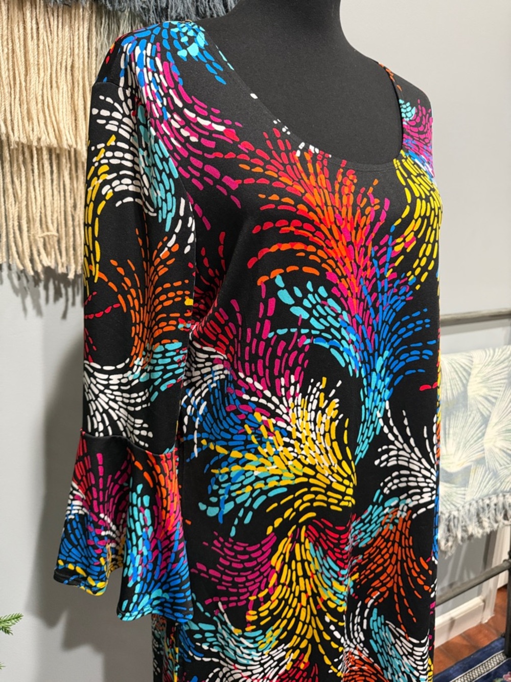 Slinky Brand Vibrant Swirl Print Tunic Dress - Multicolor on Black Large - Picture 2 of 5